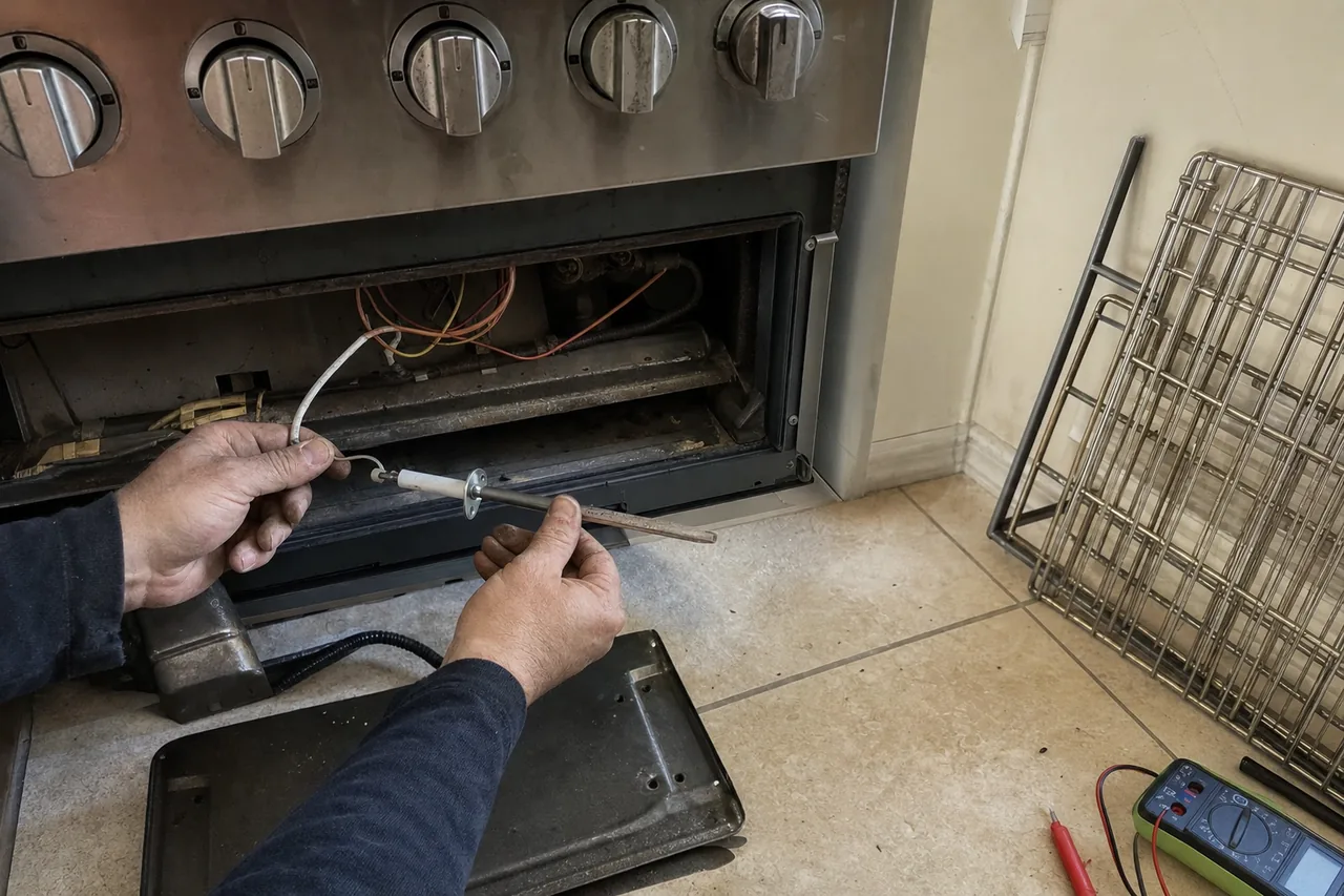 An igniter swap seen from the other side — the burner drawer pulled out, the bake burner and its wiring exposed