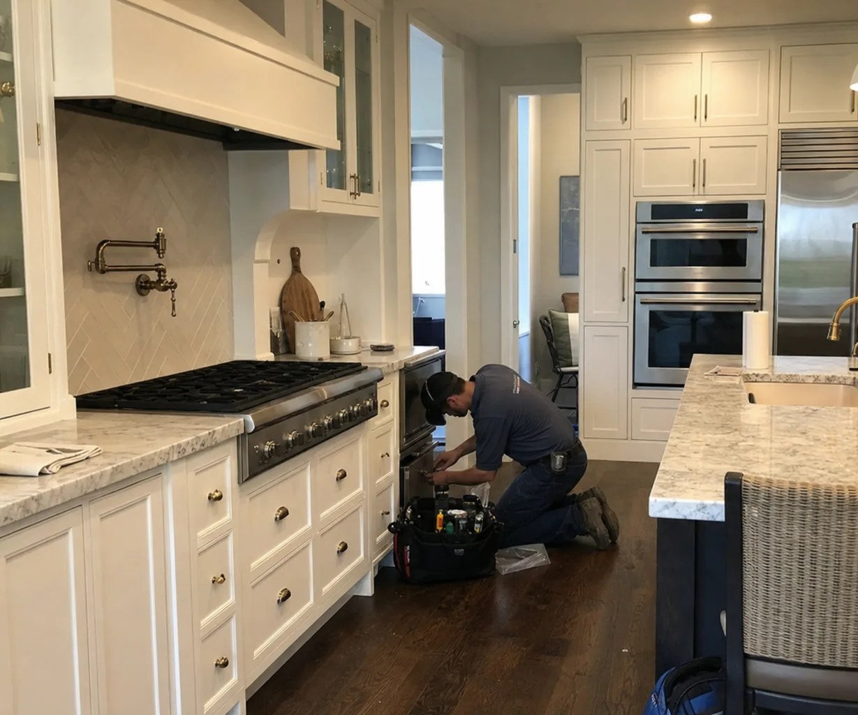 Ducted hood canopy over a six-burner rangetop, with a technician working at floor level to the right of frame