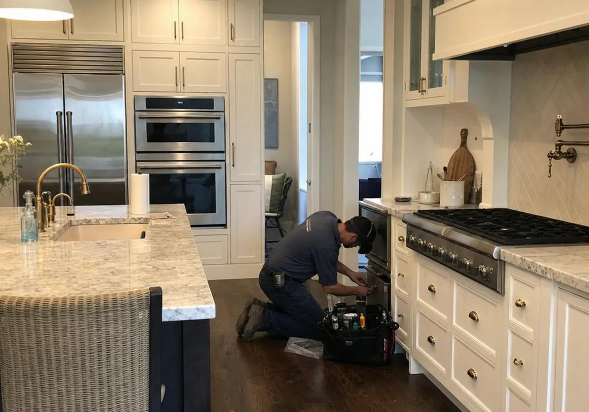 The centre of a working kitchen — rangetop, hood and the built-in refrigerator column that most house calls are about
