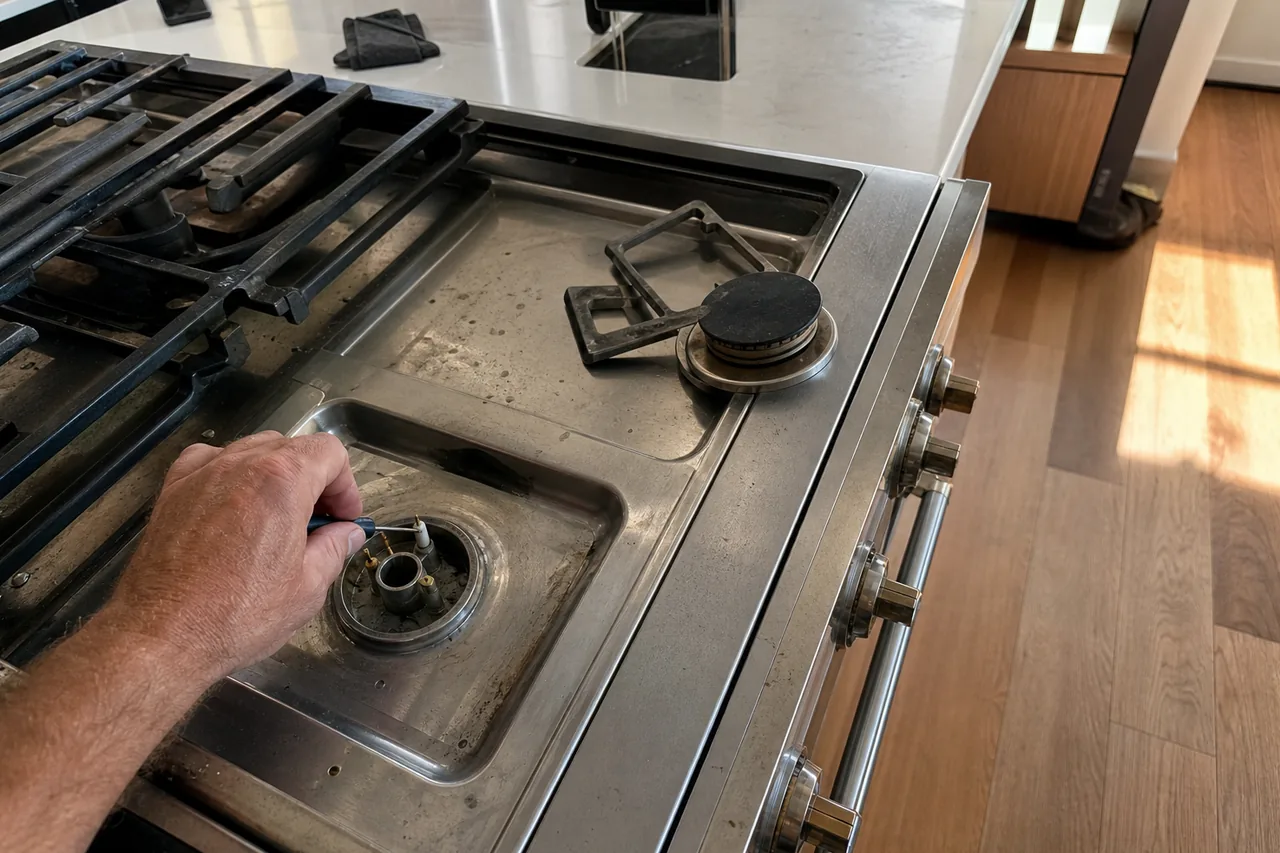 A hand working a small screwdriver at the igniter of a bare burner base on a stainless gas range, with a lifted cap and a small grate resting on the next burner